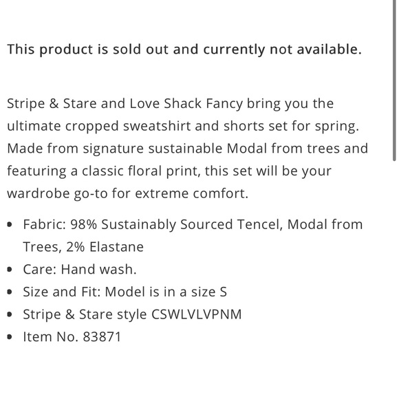 Stripe & Stare x LoveShackFancy Cropped Sweatshirt & Shorts Set Bloom- Size XS-M - Picture 8 of 16